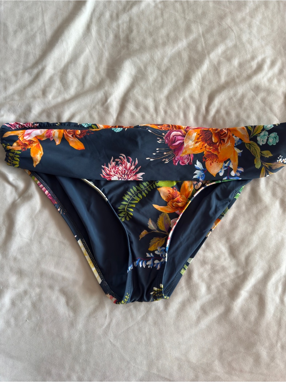 Jantzen Navy Floral Fold-Over Bikini Bottoms with Orange & Pink Blooms